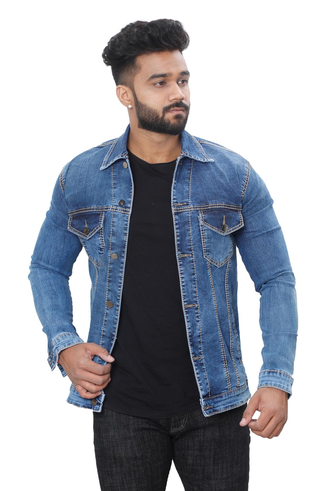 Slim Fit Blue Solid Jackets-front view