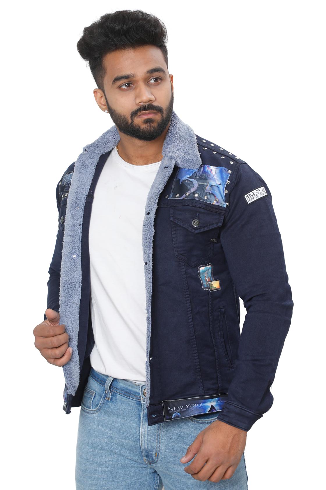 Raw Blue Printed Solid Jacket-front view